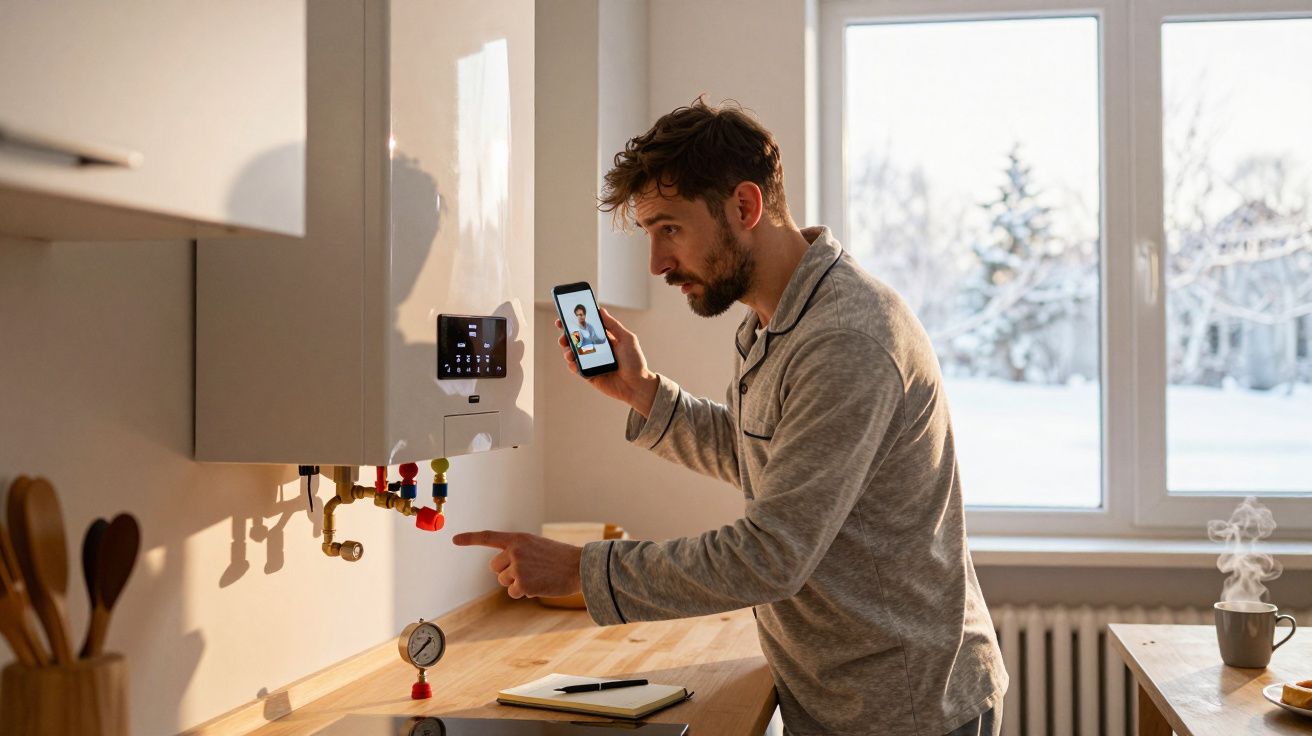 Man adjusting a boiler while holding a smartphone with a video chat in a bright kitchen during winter.
