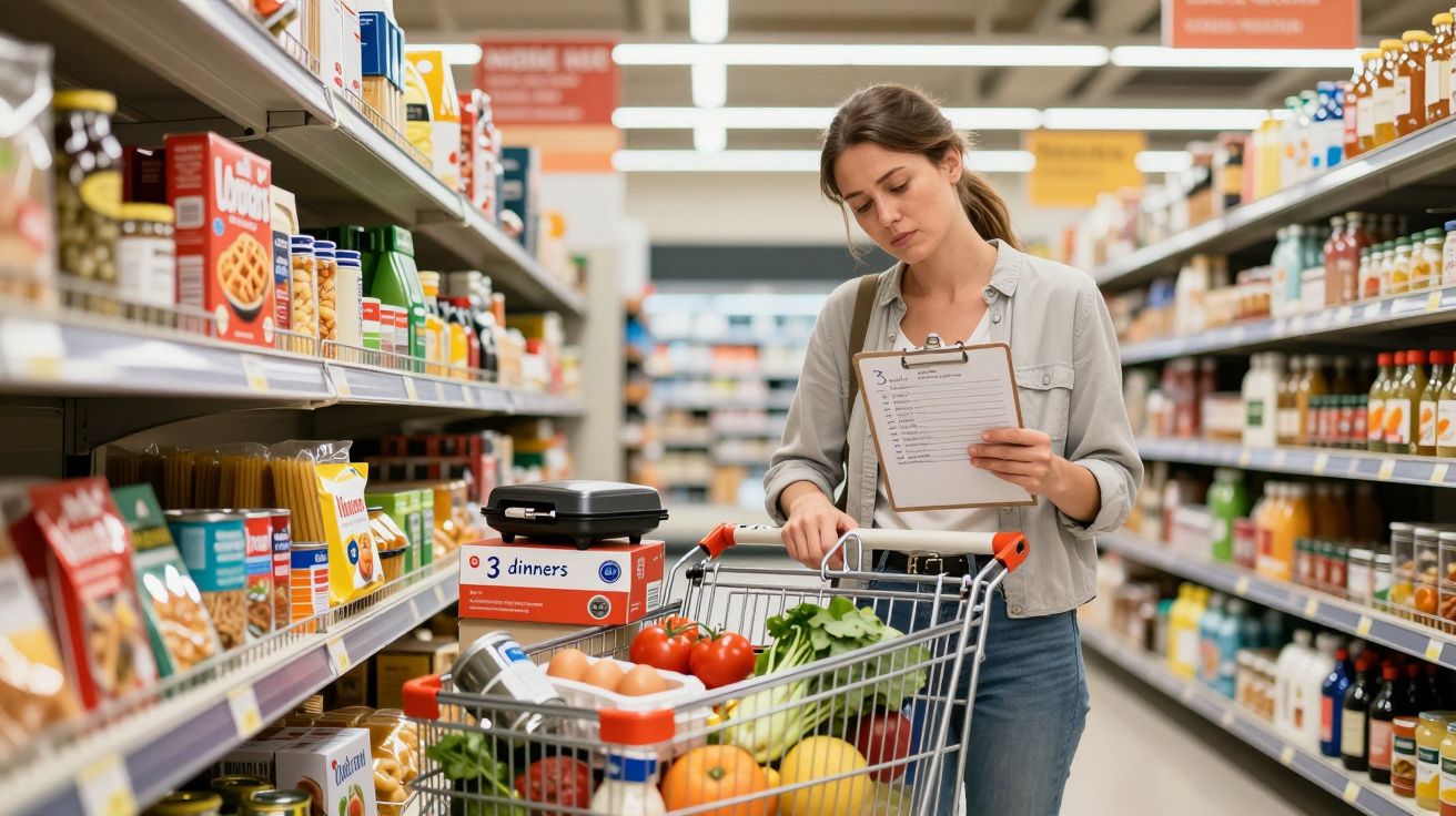 Woman grocery shopping in supermarket aisle, holding a checklist and pushing a trolley filled with various food items.