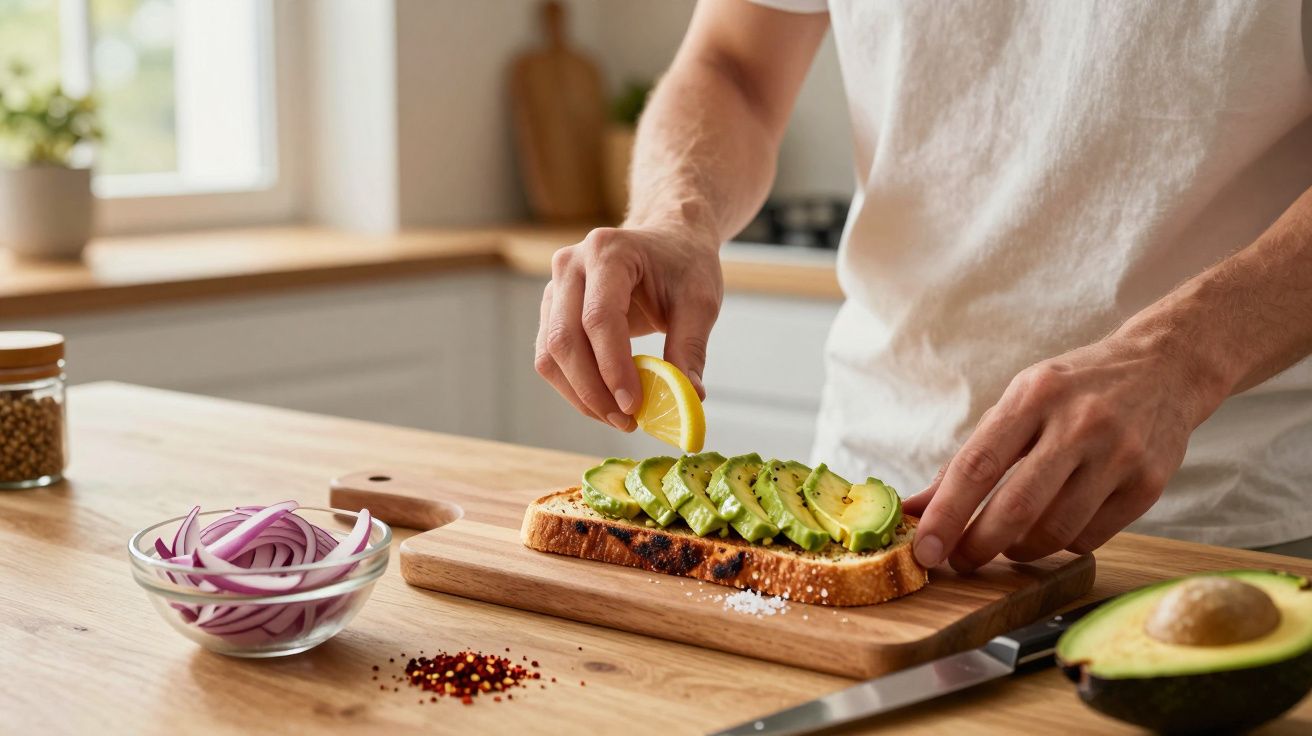 Person squeezing lemon onto avocado toast in a kitchen, surrounded by red onion slices and spices.