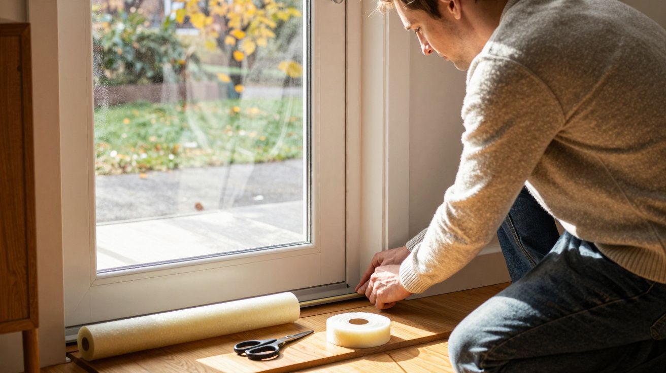 Man sealing door frame with insulation tape; scissors and tape roll on floor.