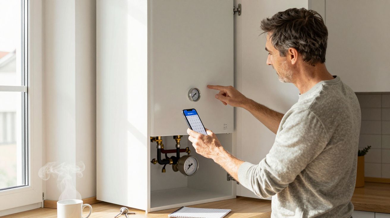 Man adjusting heating system controls on a wall unit while holding a smartphone, with a coffee mug steaming nearby.