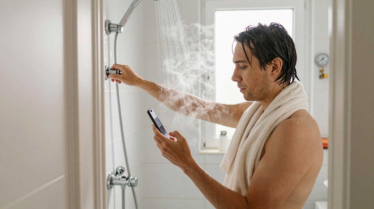 Man using a smartphone in the shower with a towel over shoulders, adjusting water temperature, steam visible in the bathroom.