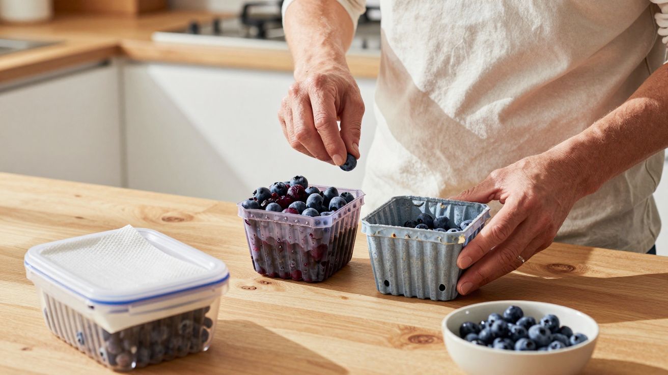 Person arranging blueberries in containers on a wooden kitchen counter.
