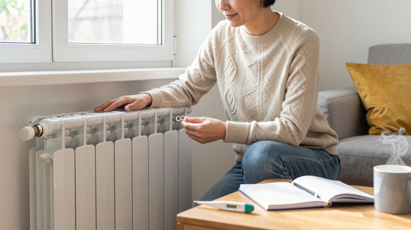 Woman adjusting a radiator thermostat at home, sitting by a window with a notebook and mug on the table.