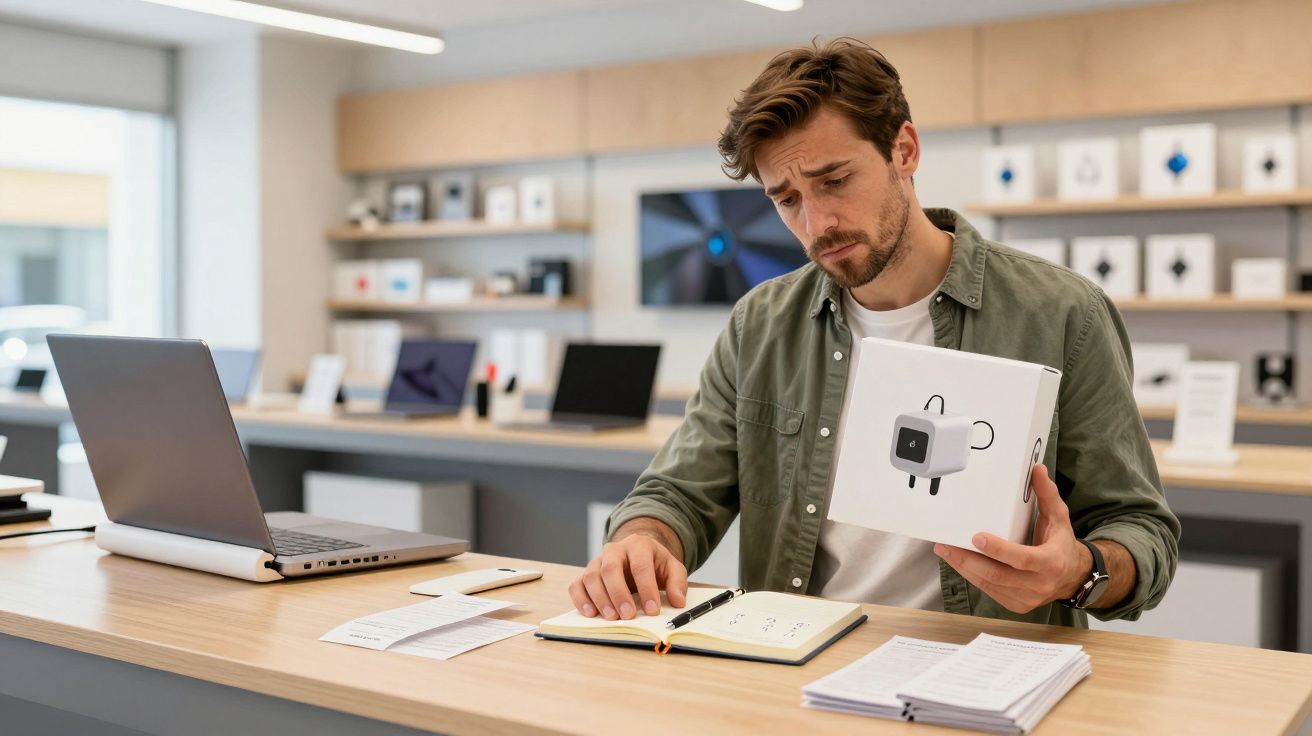 Man in shop with laptop holds gadget box, reads notes, appears puzzled.