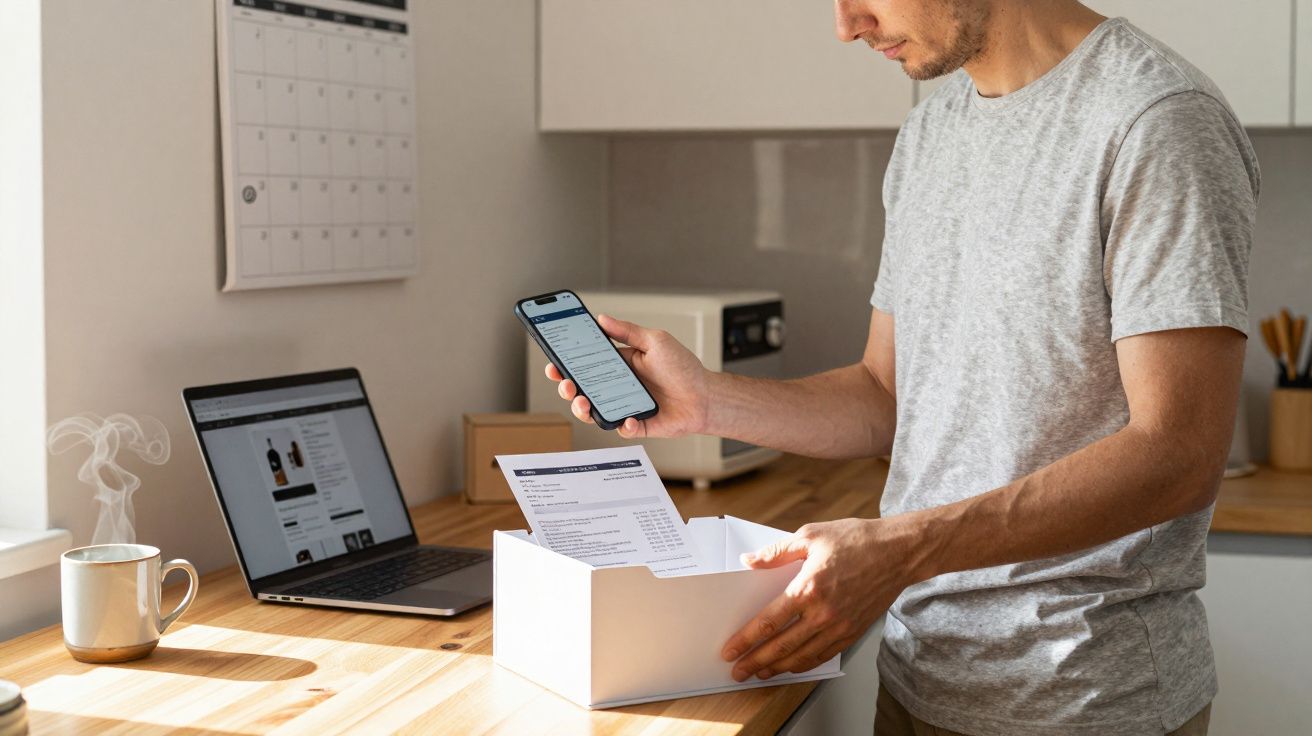 Man scanning a document with a smartphone, standing next to a laptop and coffee mug on a wooden kitchen counter.