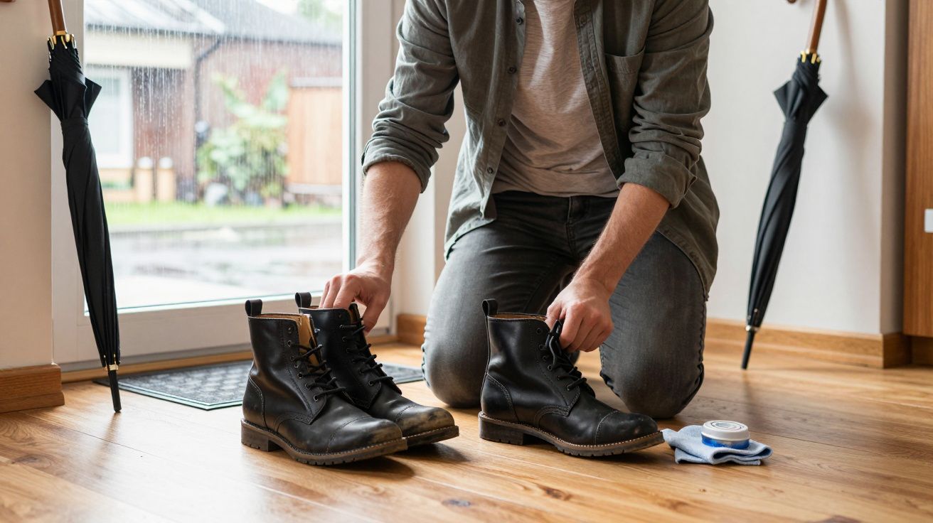 Person kneeling on wooden floor, tying black boots next to umbrella and shoe polish, with view of rainy garden outside.