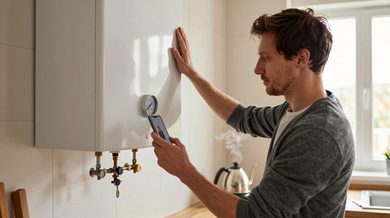 Man checks boiler gauge in a kitchen using his smartphone, with a steaming kettle in the background.