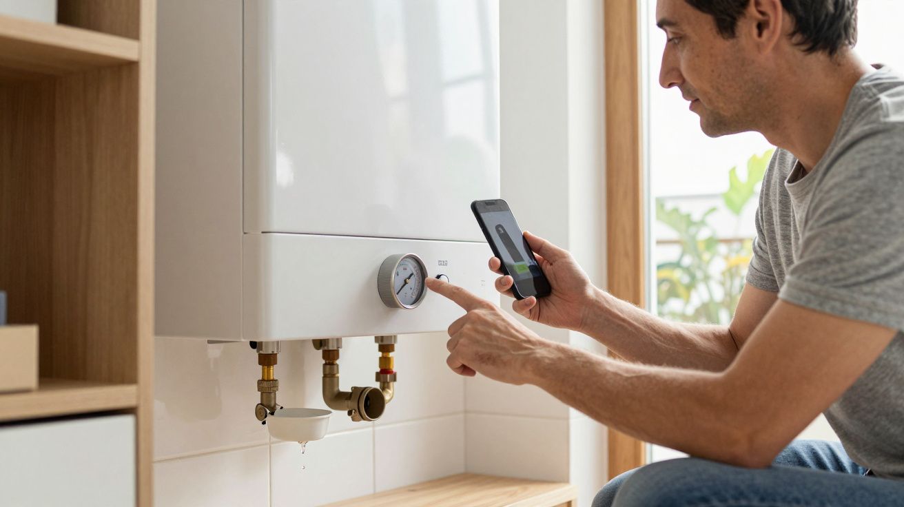 Man adjusting a boiler thermostat while using a smartphone in a modern home setting.