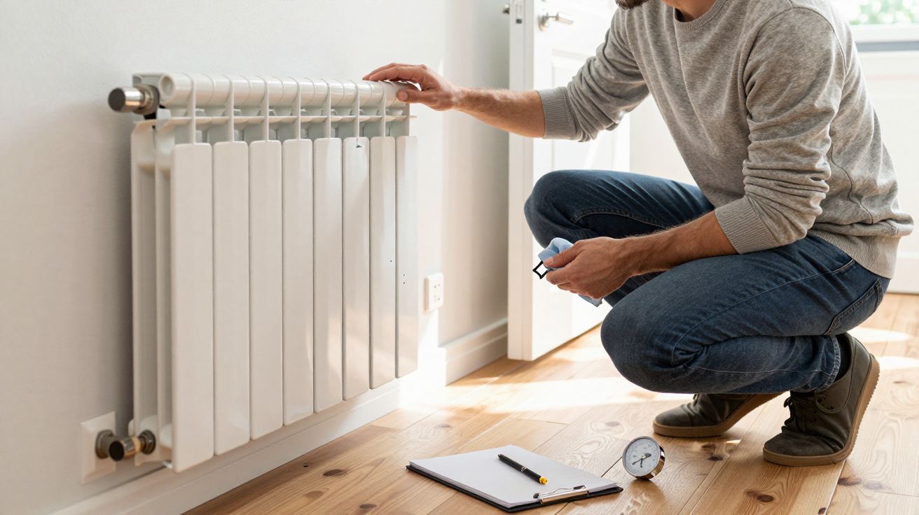 Person adjusting a radiator valve, holding a tool, with a clipboard and clock on the wooden floor nearby.