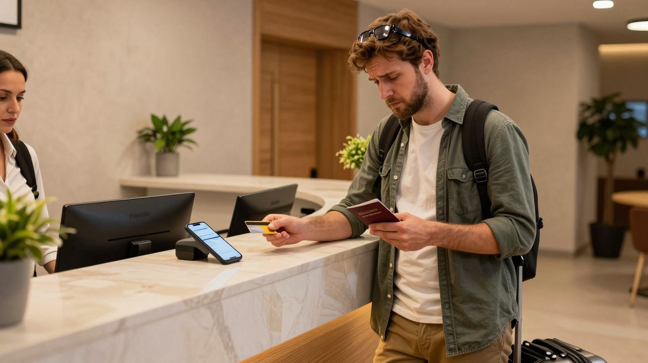Man checks in at hotel reception, holding passport and credit card, with suitcase and backpack.