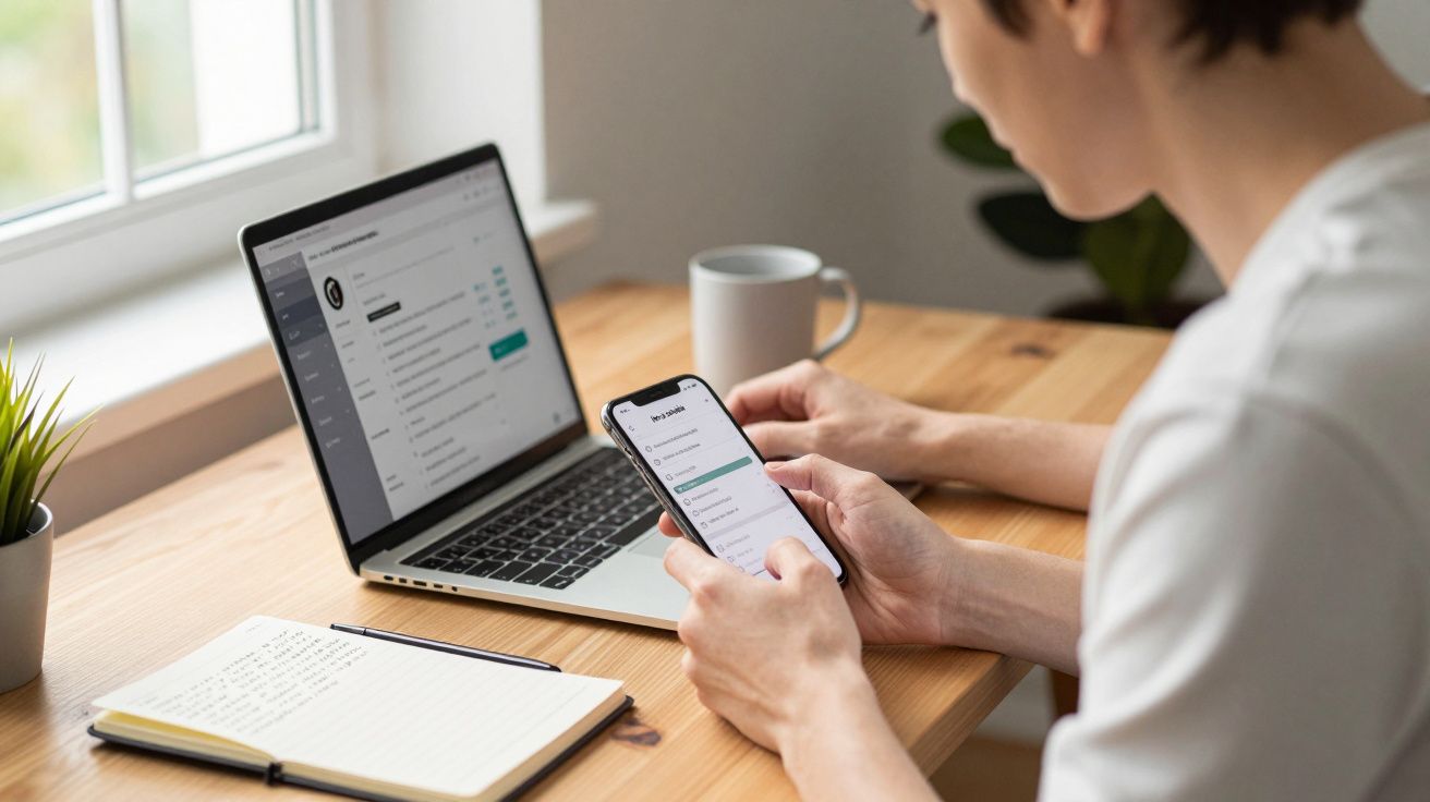 Person using a smartphone and laptop at a wooden desk, with a notepad and pen beside them, in a bright room.