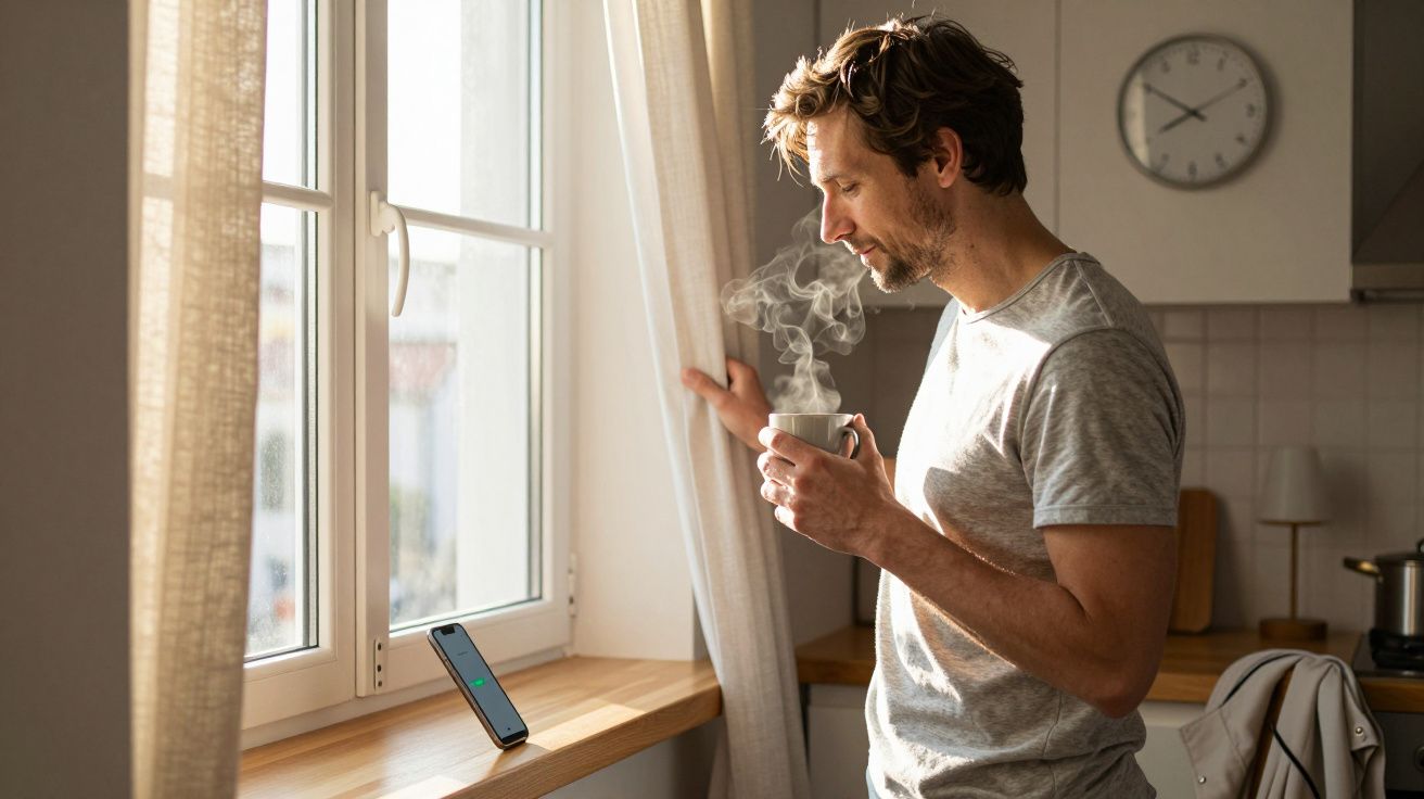 Man in grey t-shirt stands by a window, drinking coffee, with a smartphone on the windowsill.