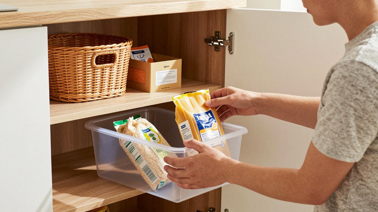 Person organising food items in a kitchen cupboard, placing pasta into a clear storage bin.