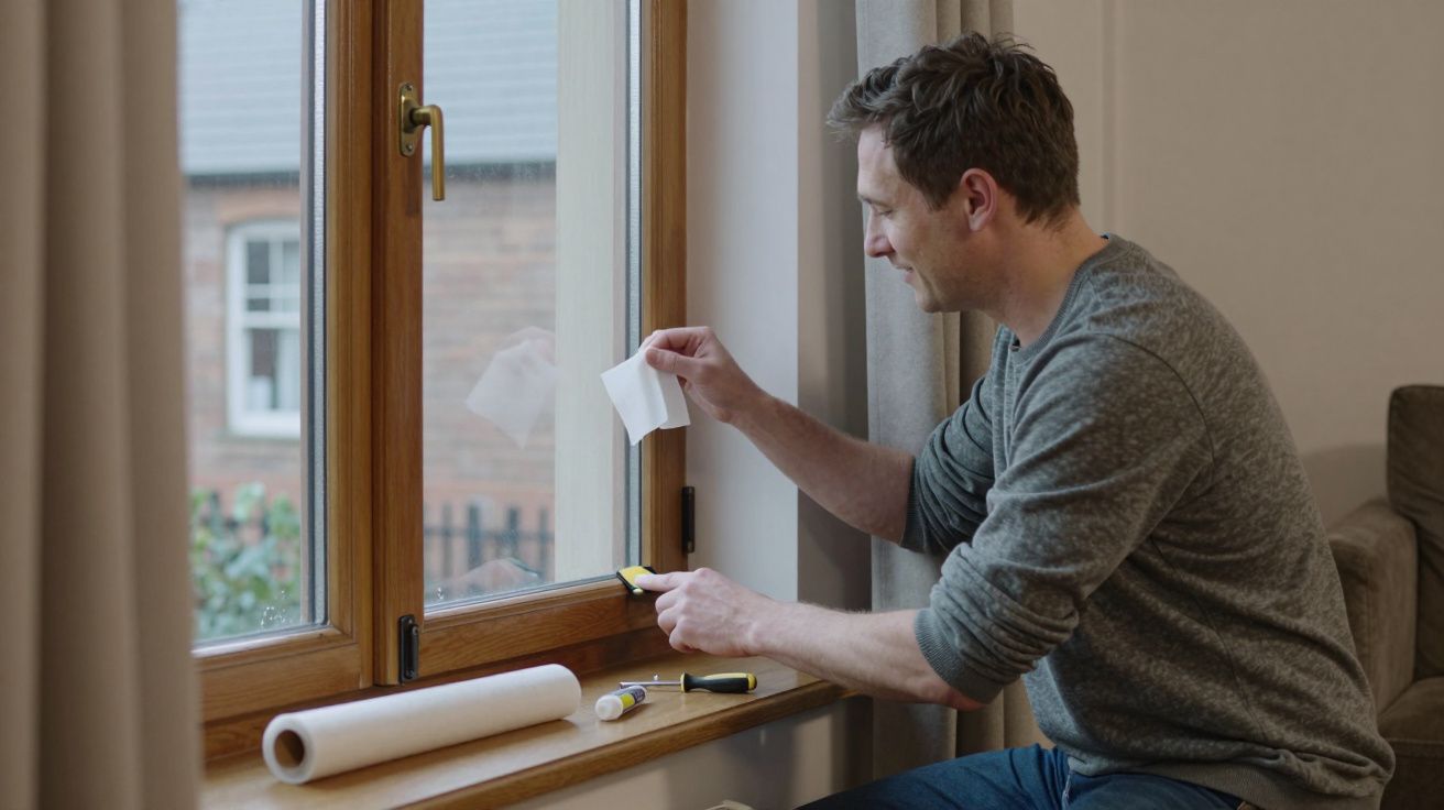 Man sealing a window with tape, holding a strip in one hand and a tape roller in the other, seated by the window sill.