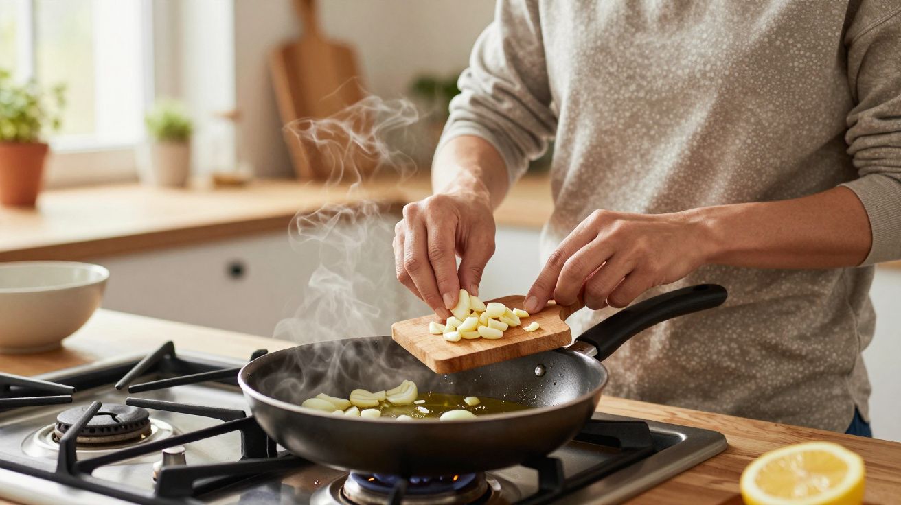 Person adding chopped garlic to a steaming pan on a stovetop in a bright kitchen.
