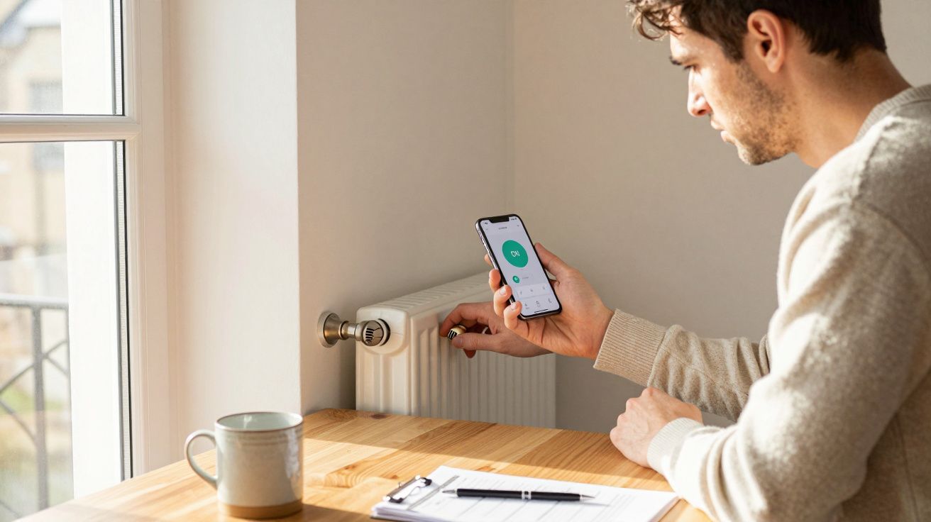 Man adjusts radiator temperature using smartphone app, sitting by window with a mug and clipboard on the table.