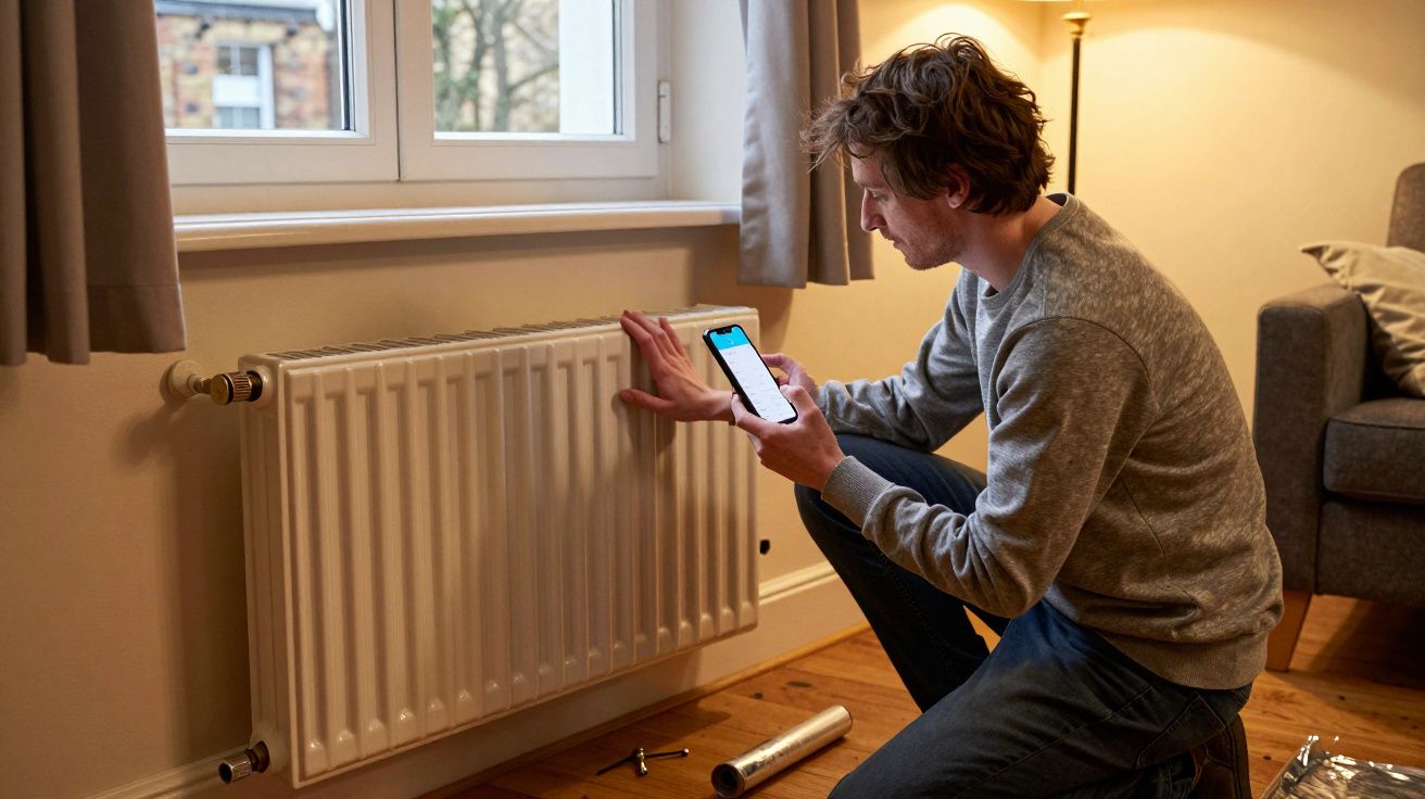 Man kneeling by a radiator, using a smartphone, inside a living room with a window and curtains.