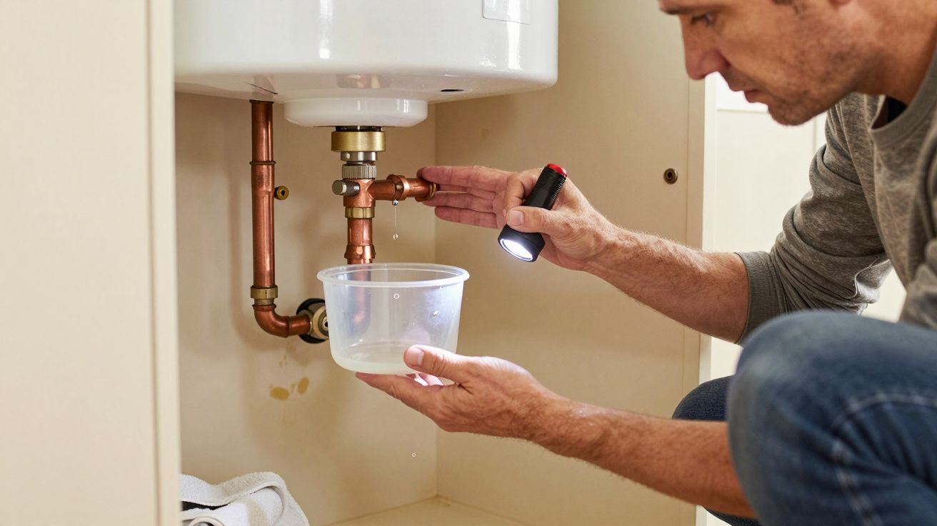 Man inspecting under-sink plumbing with a torch, holding a plastic container beneath copper pipes.