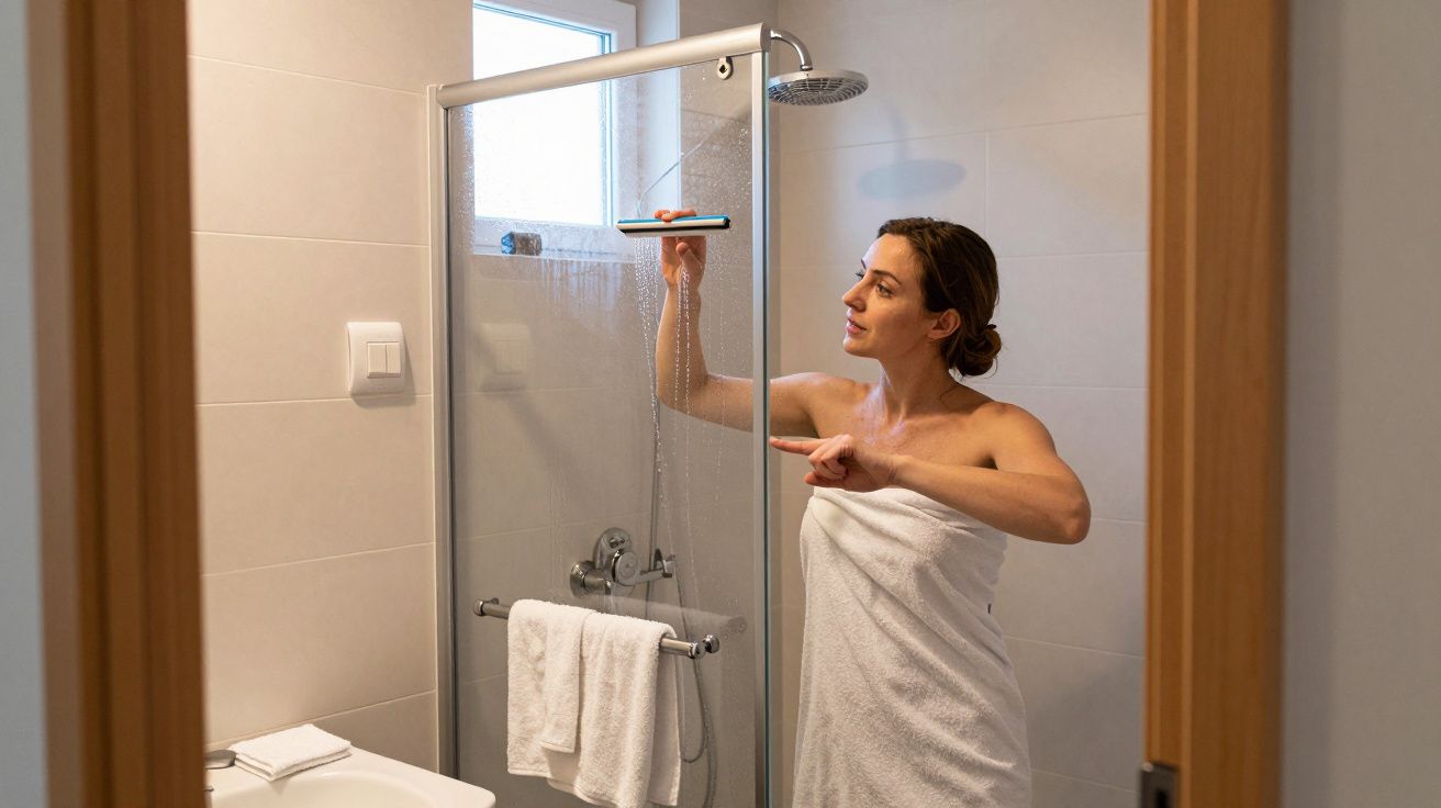 Woman in a towel cleaning a shower door with a squeegee in a modern bathroom.