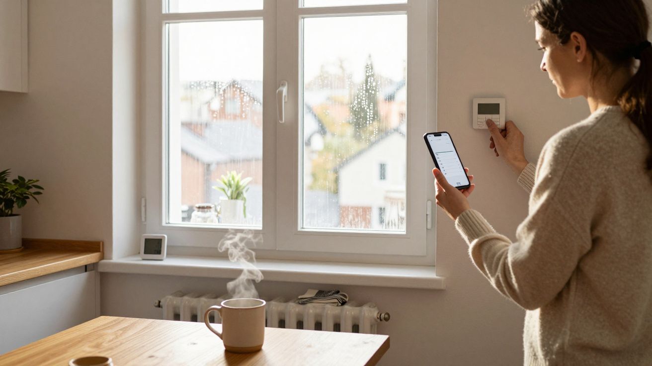 Woman adjusting thermostat using smartphone in cosy kitchen with steaming mug on table.
