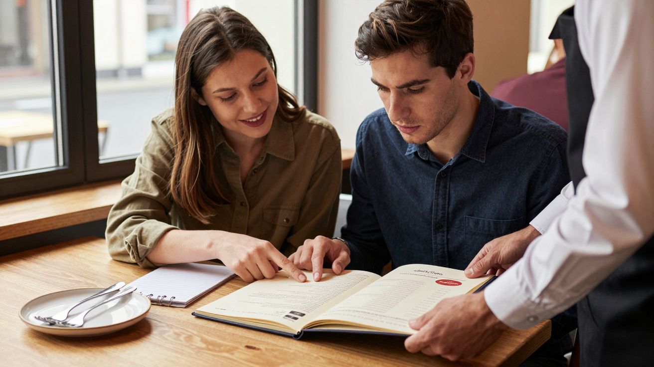 A couple reviews a menu at a restaurant while a waiter stands by, holding the menu and assisting them with selection.