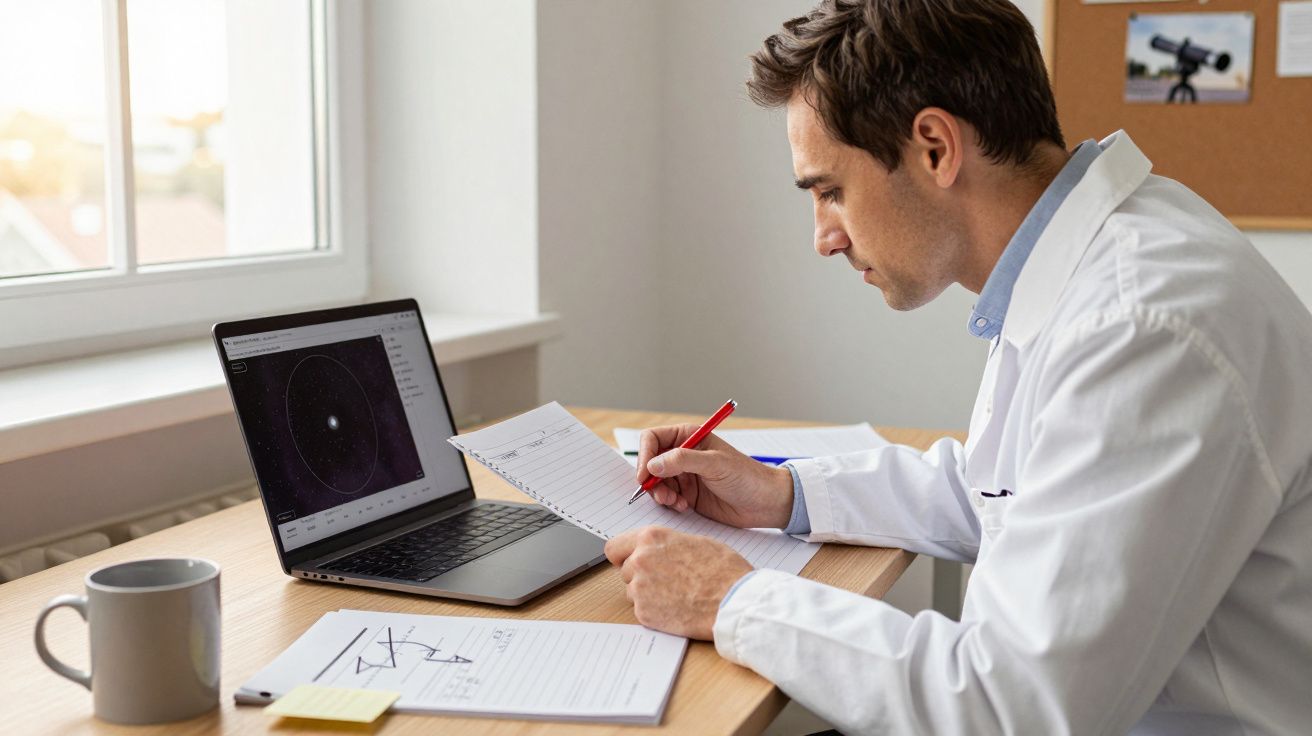 Man in a white coat working at a desk with a laptop, notebook, and coffee cup, analysing scientific data or equations.