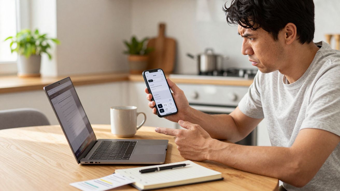 Man at kitchen table using a smartphone while looking at a laptop, with a notebook and cup nearby.