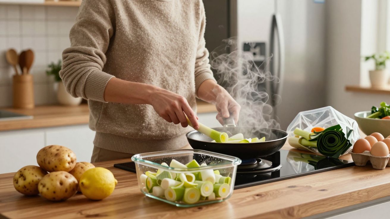 Person cooking with leeks in a frying pan, surrounded by potatoes, lemons, and eggs on a kitchen counter.