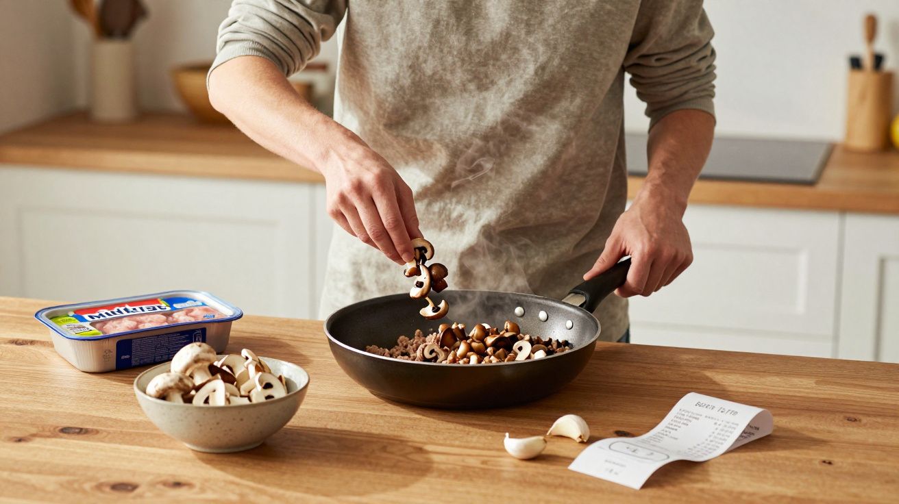 Person cooking mushrooms in a frying pan on a wooden counter, with ingredients and a recipe note nearby.