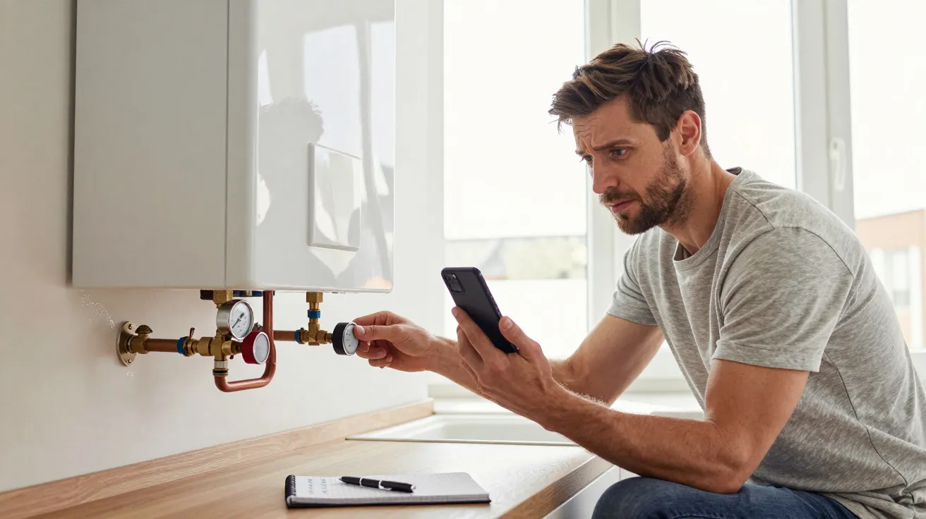 Man checking a home boiler, using a smartphone for guidance, with a pen and notepad nearby on a kitchen countertop.