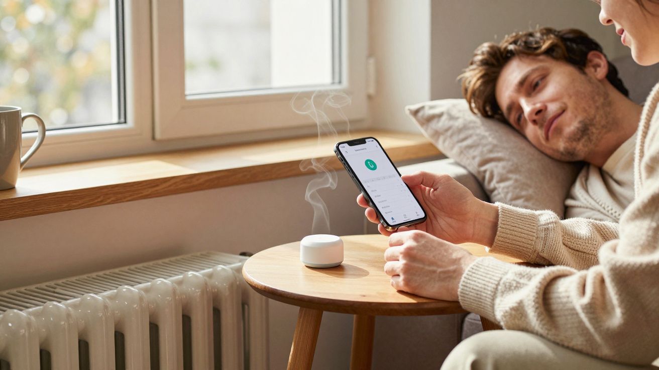 Person using smartphone with a small white device on a table, next to a cup and radiator, while another person rests.