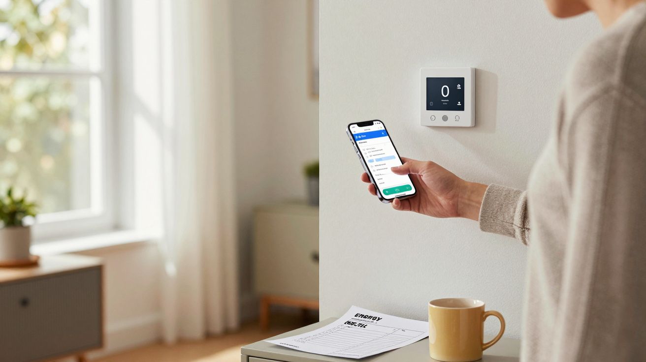 Person adjusting smart thermostat with a smartphone app, next to a table with an energy bill and a mug.