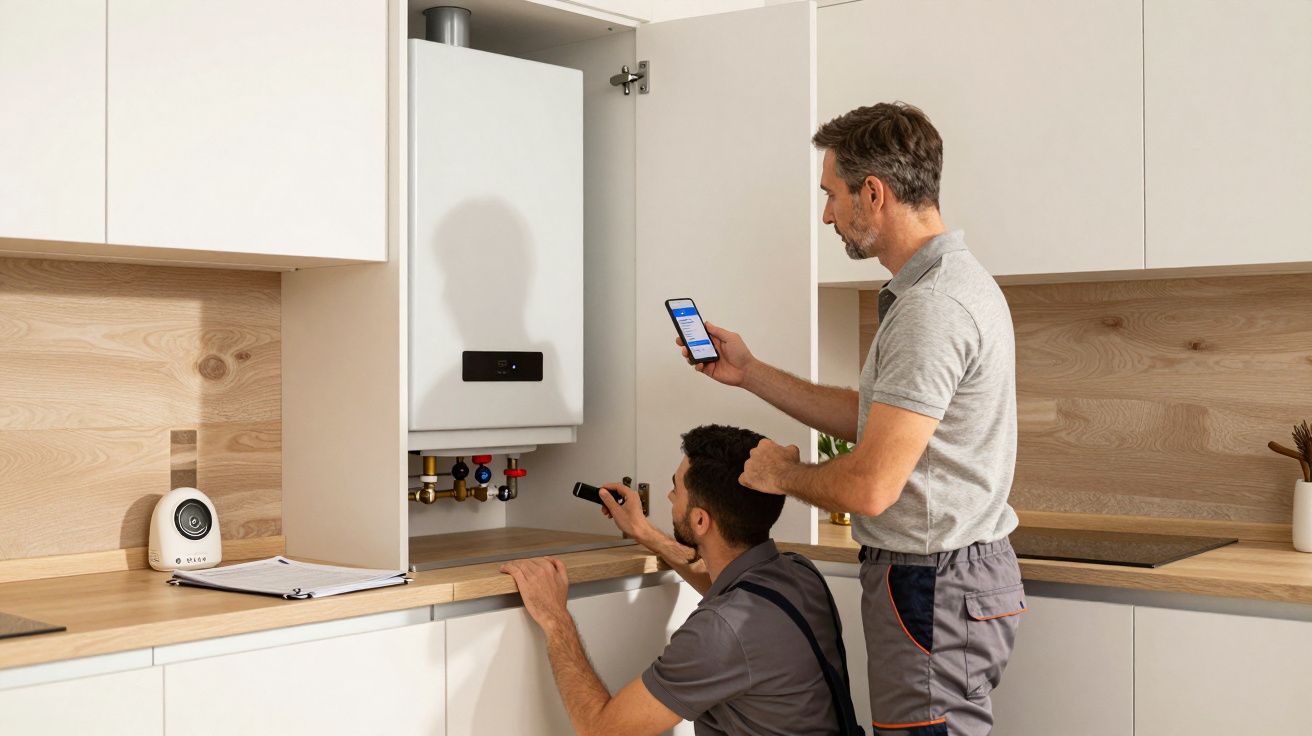 Two technicians inspecting a boiler in a modern kitchen, one using a smartphone and the other with tools.