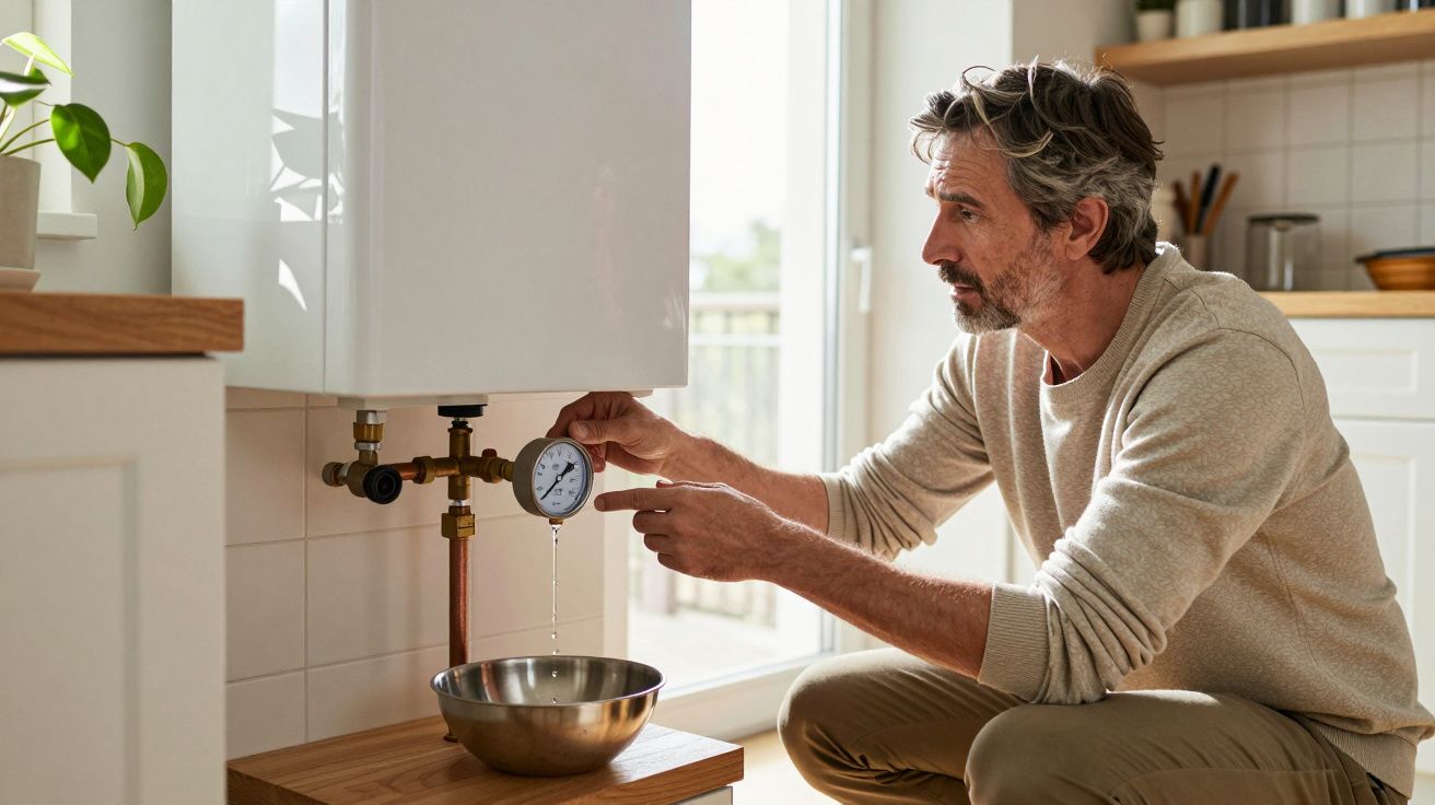 Man adjusting a pressure gauge under a boiler while water drips into a metal bowl.