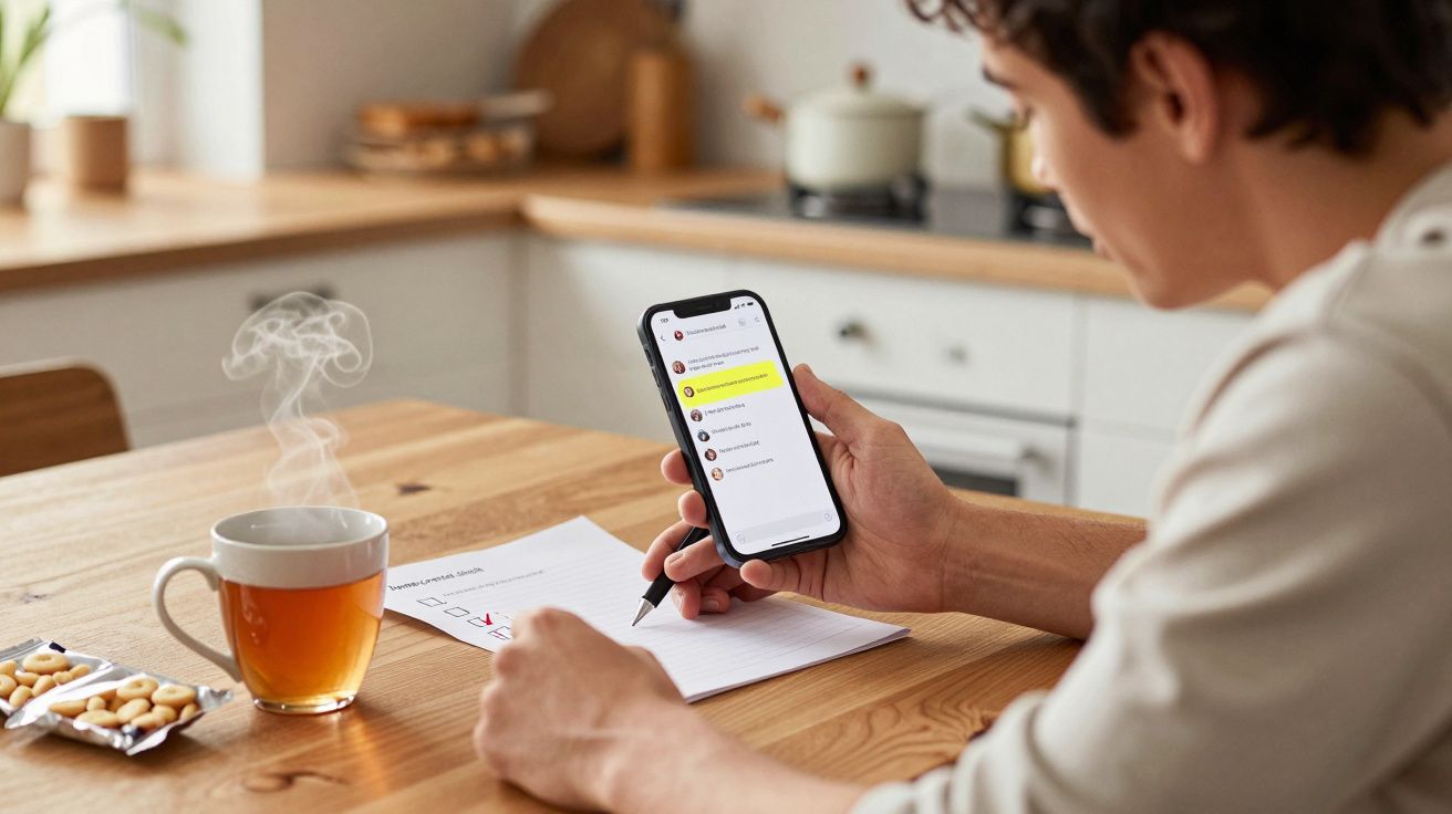 Person checking phone notifications with a steaming cup of tea and list on table in a kitchen setting.