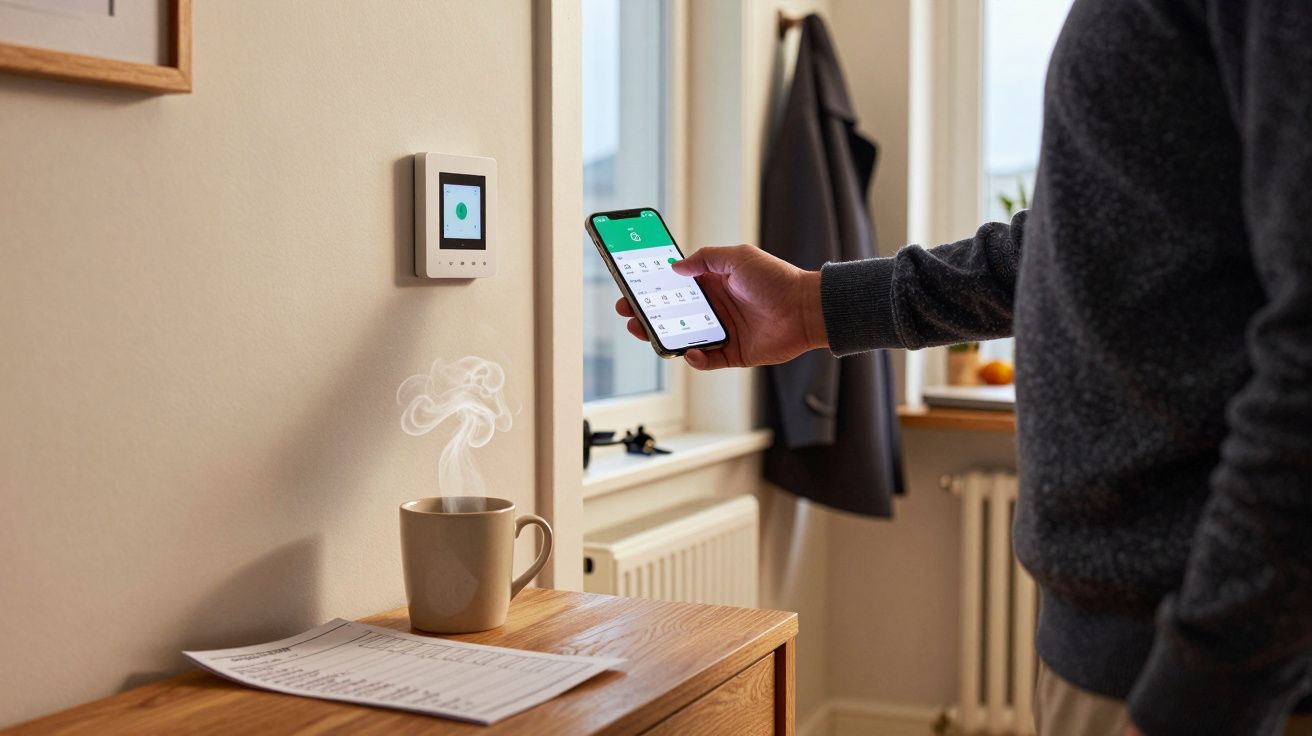 Person adjusting smart thermostat with phone, standing by table with steaming mug and document.