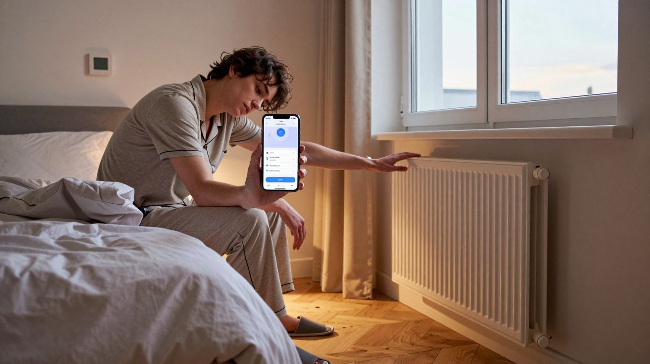 Person in pyjamas adjusts radiator while using a smartphone app, sitting on a bed near a window.