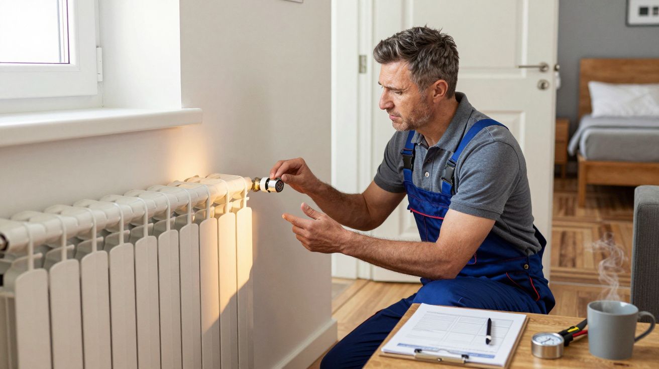 Man servicing a radiator at home, wearing blue overalls, with a clipboard and tools nearby.