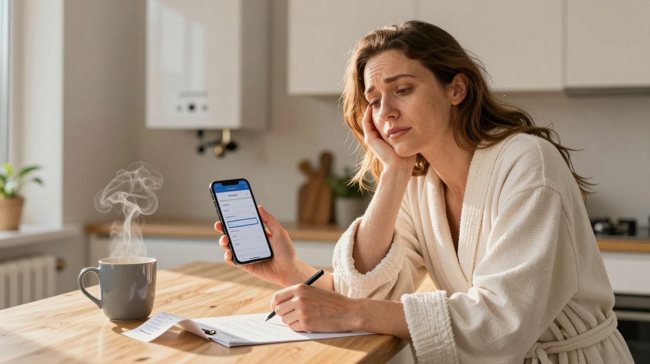 Woman in a kitchen, looking stressed, holding phone and pen, with papers on table and steaming mug nearby.