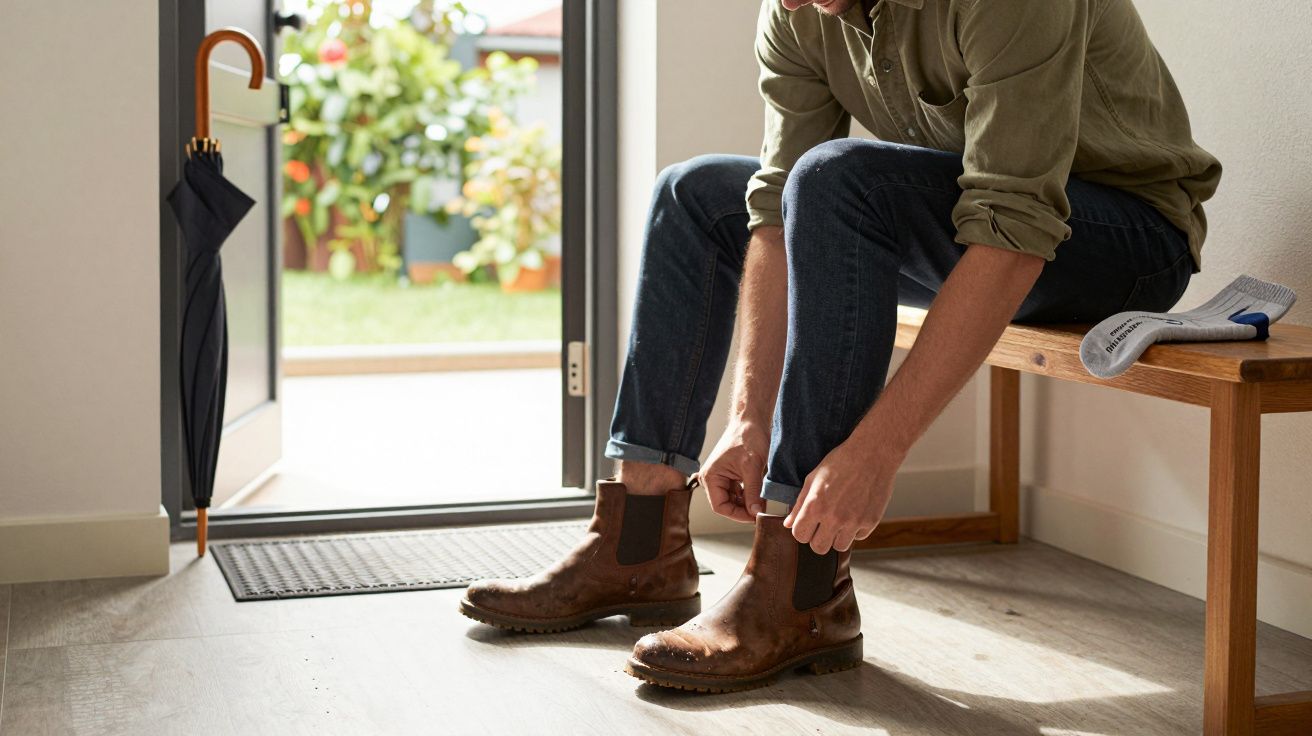 Man sitting on a bench, putting on brown boots next to an open door with an umbrella nearby.