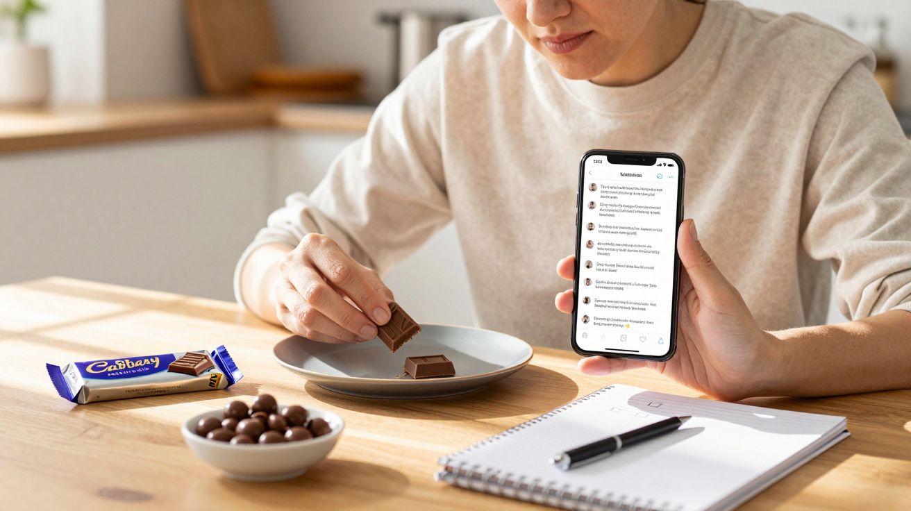 Person eating chocolate, holding phone, with chocolate bar and notebook on table in bright kitchen.