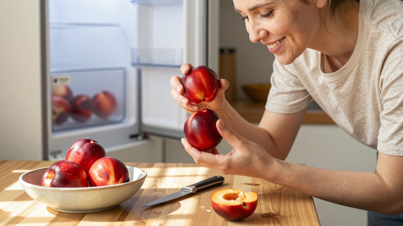Woman smiling while holding nectarines in a kitchen, with a bowl of nectarines and a knife on a wooden table.