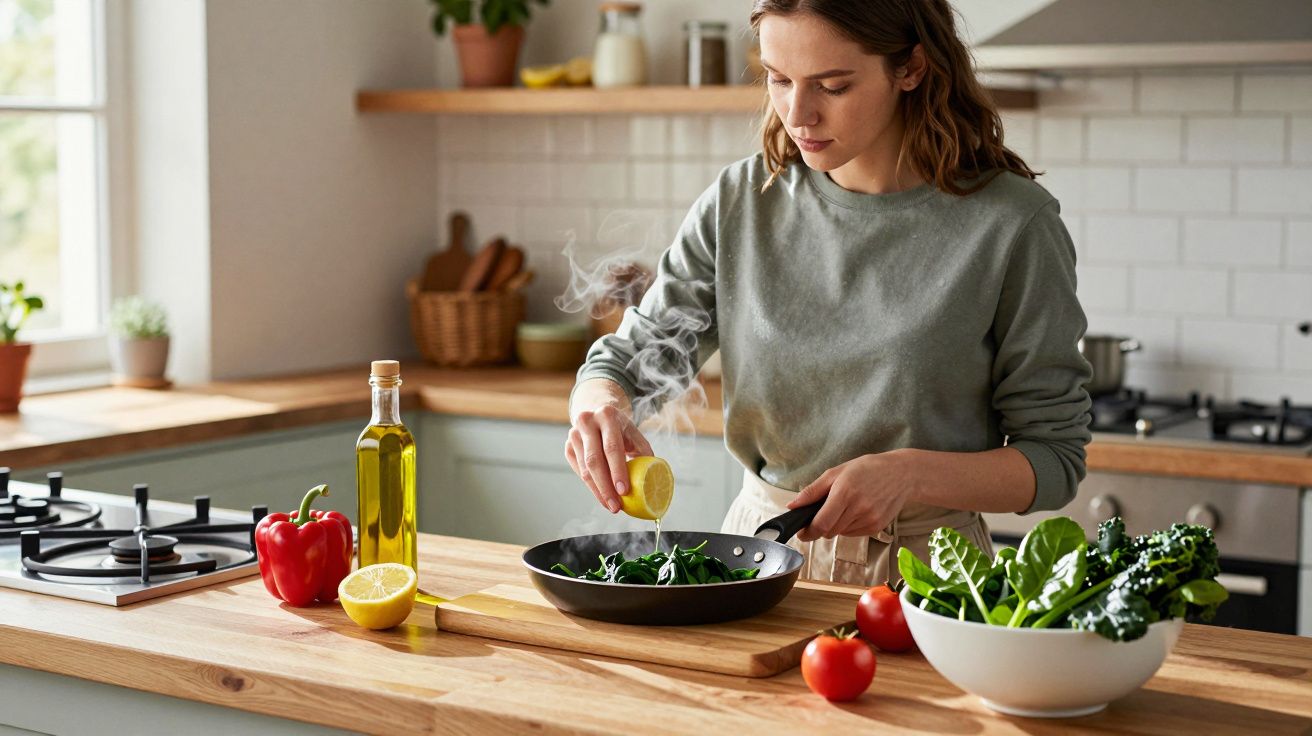 Woman cooking in kitchen, squeezing lemon over steaming pan of greens, surrounded by vegetables and oil on wooden counter.