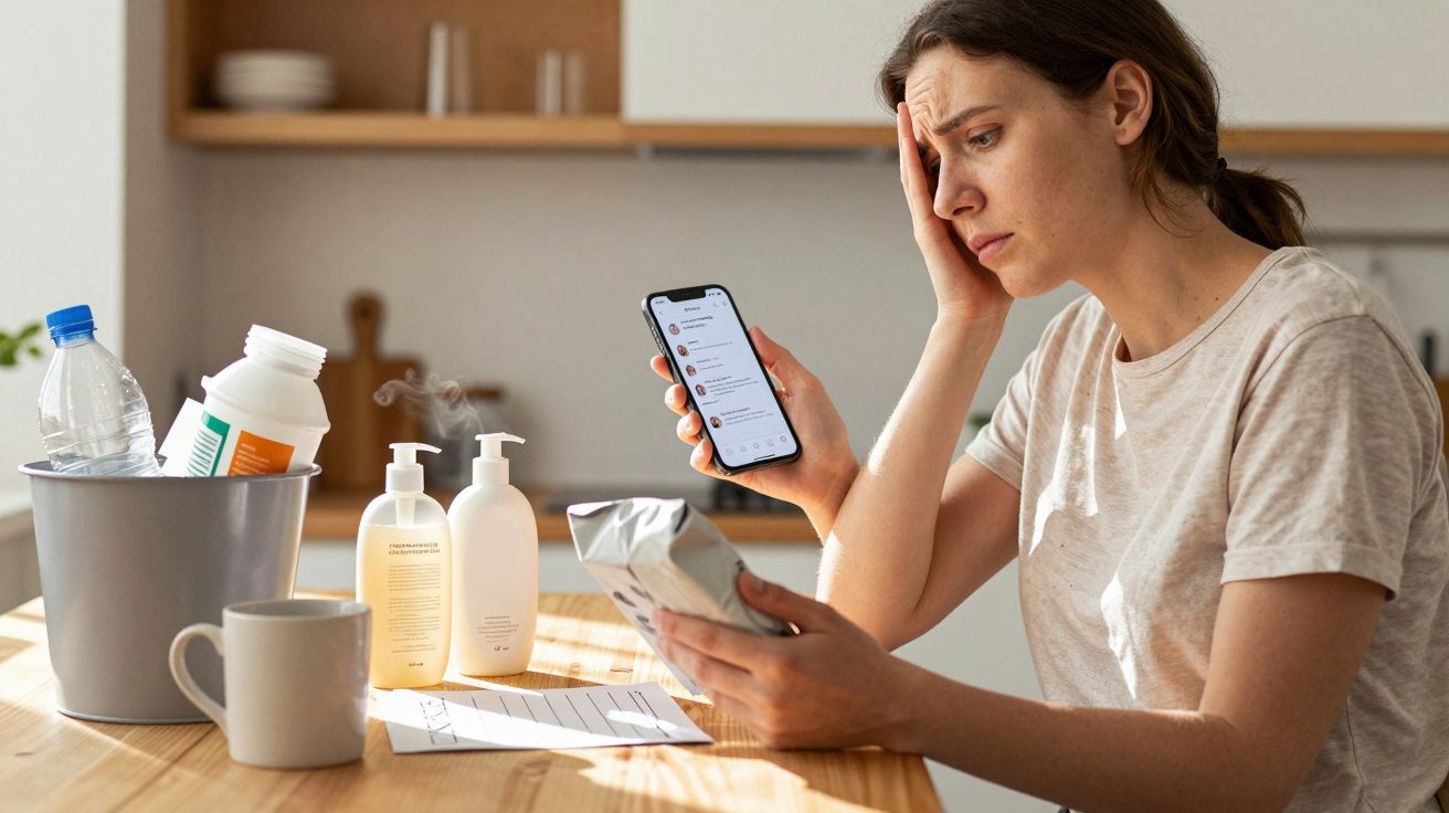A worried woman in a kitchen looks at her phone while holding a packet, with cleaning products nearby.