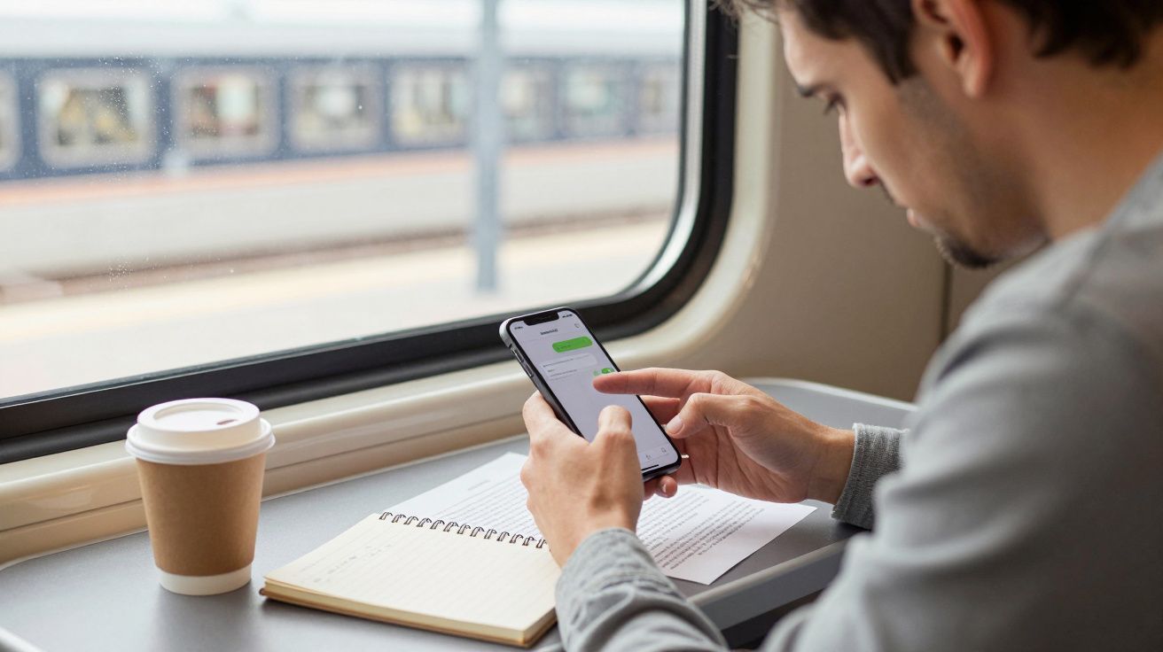 Man texts on smartphone by train window, notebook and coffee on table.
