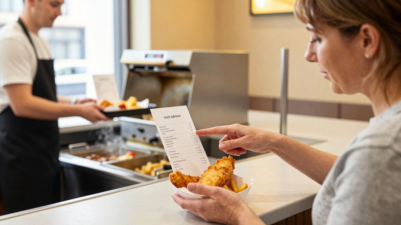 Woman holding fish and chips, pointing at menu, with server in the background.