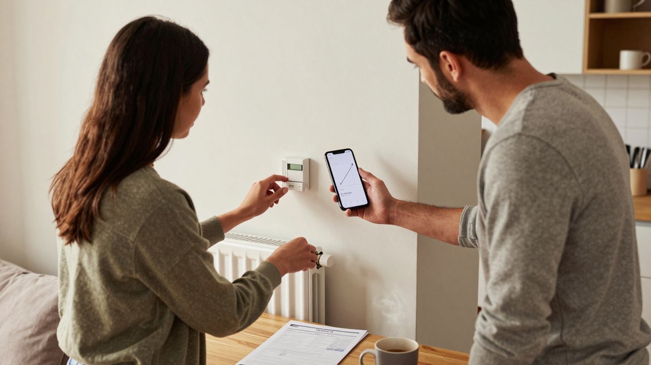 Two people adjusting a thermostat on the wall while checking a smartphone app, with papers and a mug on a table nearby.