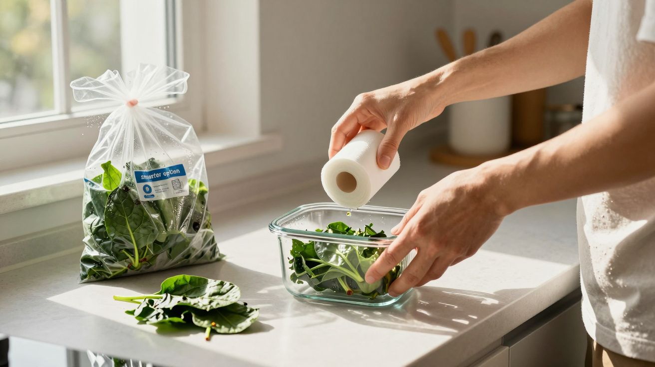 Person storing fresh spinach in a glass container, using a paper towel on a kitchen counter.
