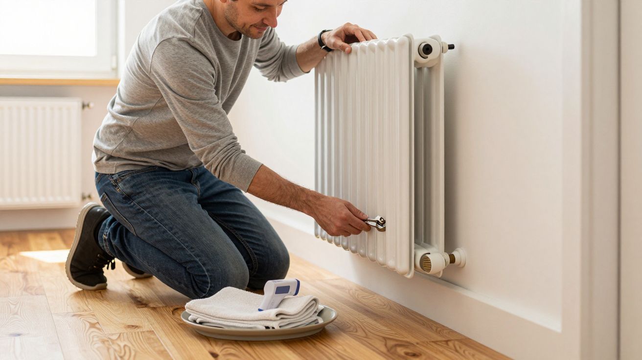 Man kneeling on wooden floor, adjusting a white radiator with a key, beside a folded towel and a small device.